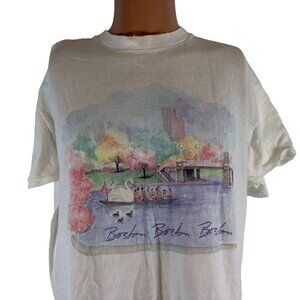 Vintage Boston Public Gardens T Shirt Mens Size XL White Swan Boat Painting 90s